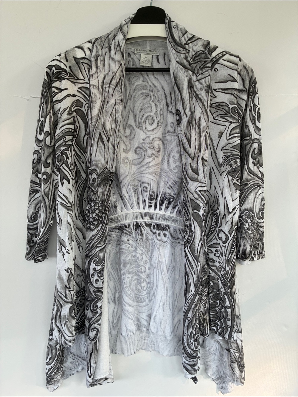 Alberto Makali Black & White Paisley Open Front Drape Cardigan XL